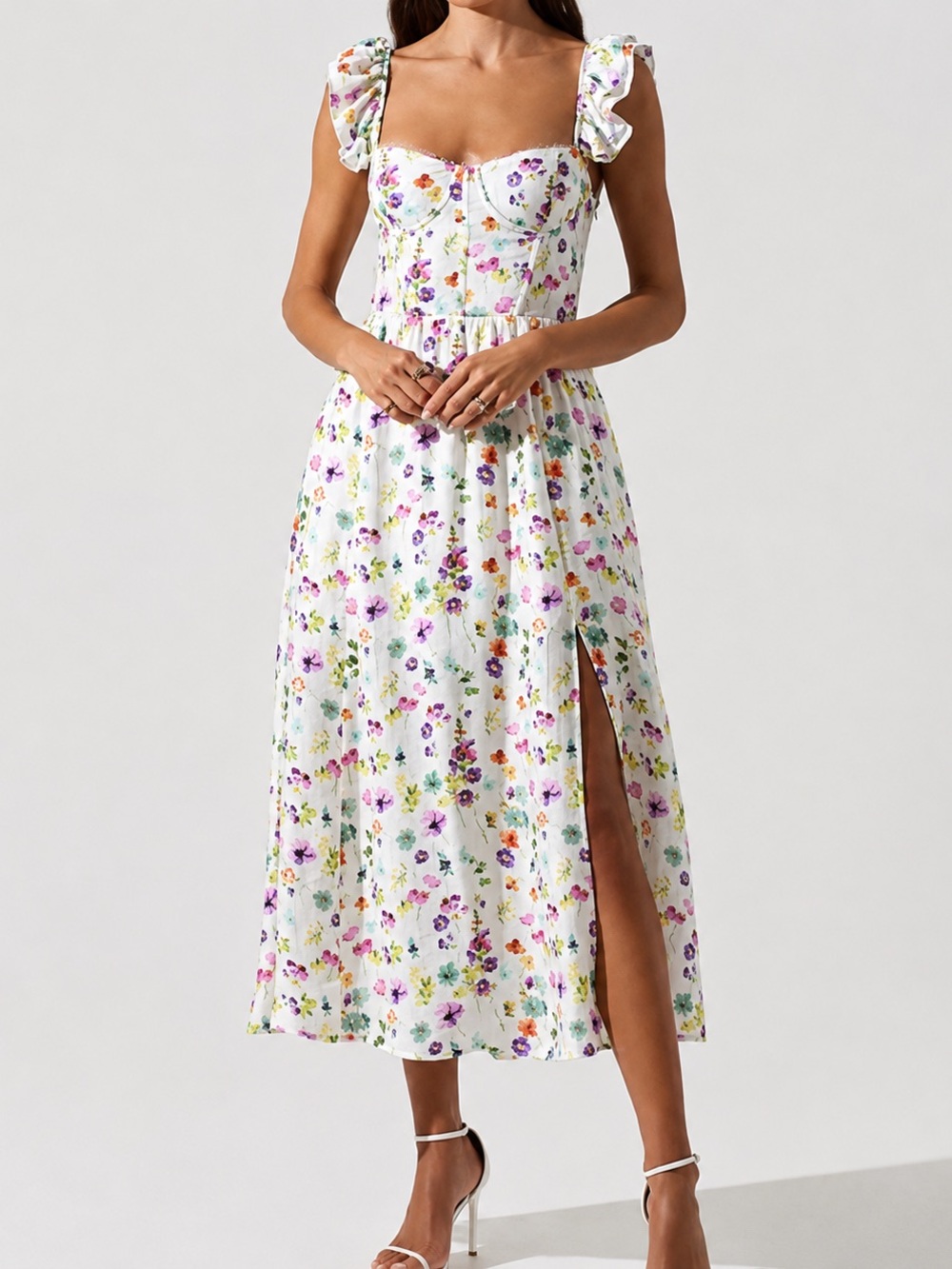NWT ASTR the Label Wedelia Floral Corset Lace-Up Back Ruffle Strap Midi Dress M